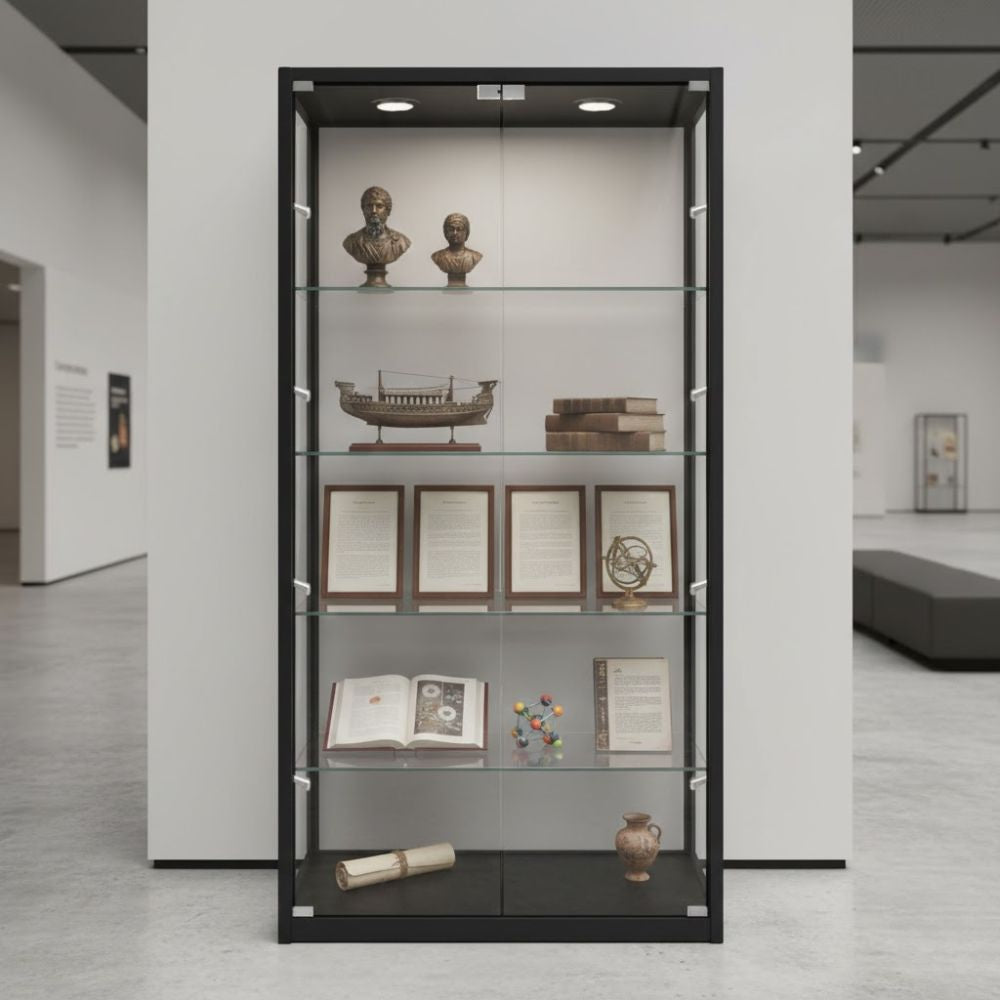 Black framed glass display cabinet presenting classical busts, historical models, framed documents, books and artefacts inside a modern museum or gallery space.