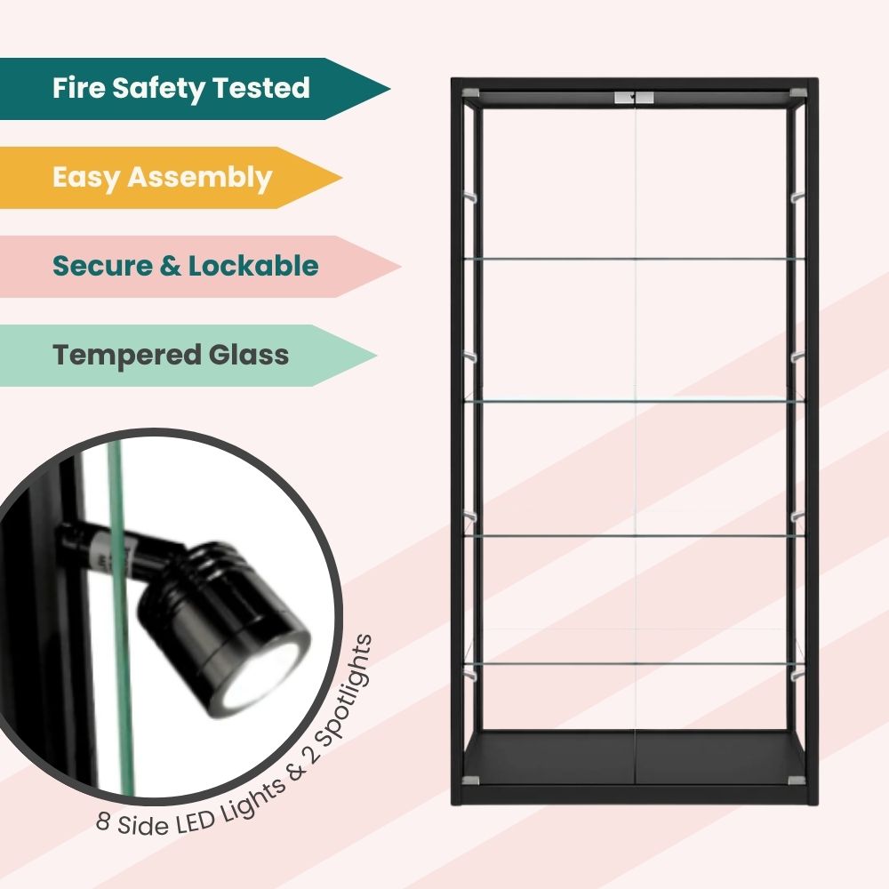 Close-up of a black glass display cabinet with side LED lights, tempered glass shelves, and secure locking mechanism.