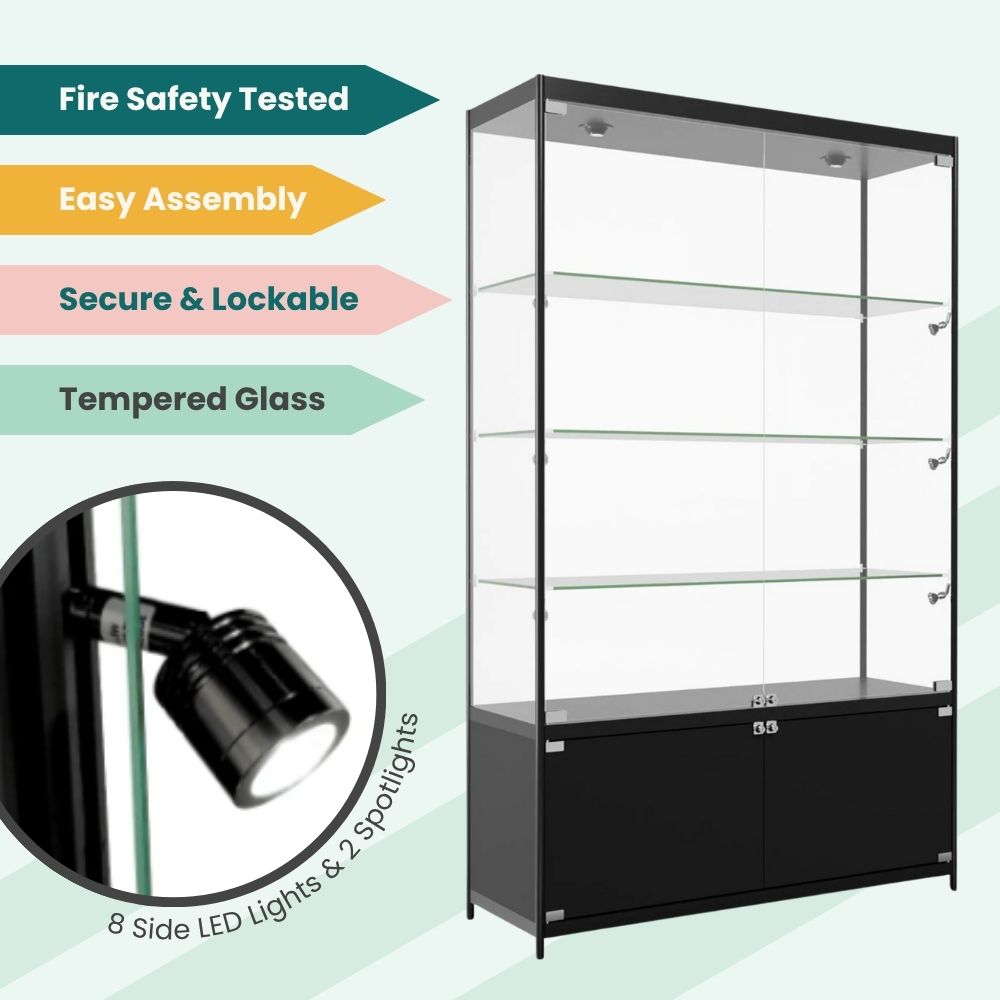 Elegant black cabinet with adjustable glass tiers, secure locking doors, and integrated LED lighting for premium product presentation.