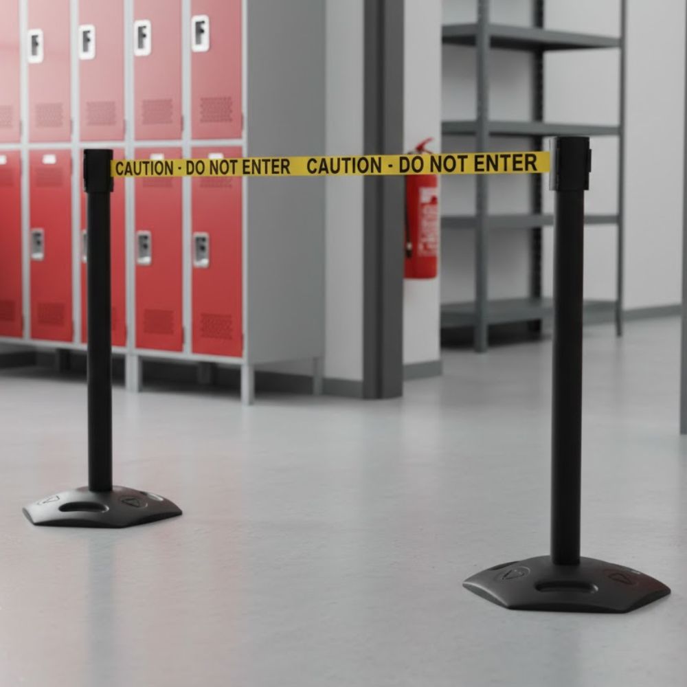 Black heavy duty outdoor retractable barrier with 3.4 metre caution do not enter belt, positioned indoors in a locker room area with red lockers, shelving and a fire extinguisher in the background.