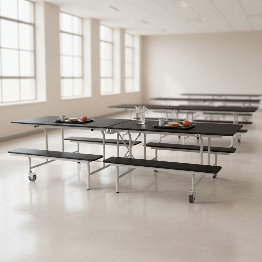 Black laminate folding school canteen tables with integrated bench seating on castors, neatly arranged in a well-lit, empty dining hall with large windows.