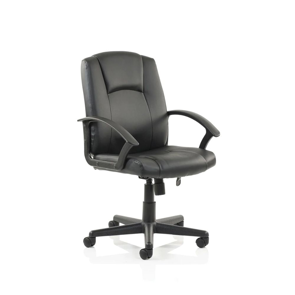 Black leather executive office chair with high backrest, padded seat, curved armrests and five-star wheeled base isolated on a white background.