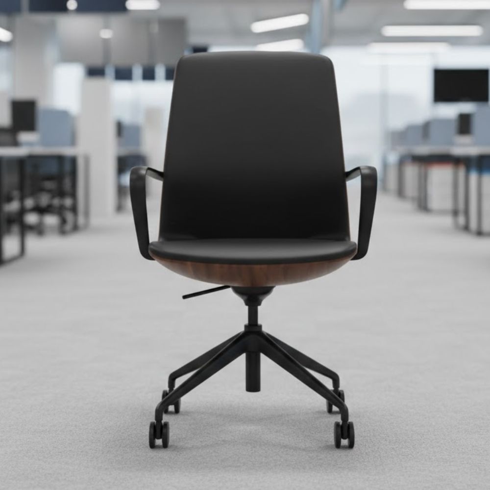 Modern black leather office chair with a curved wooden panel base and matte black frame, situated in an open-plan office with grey carpet and workstations.