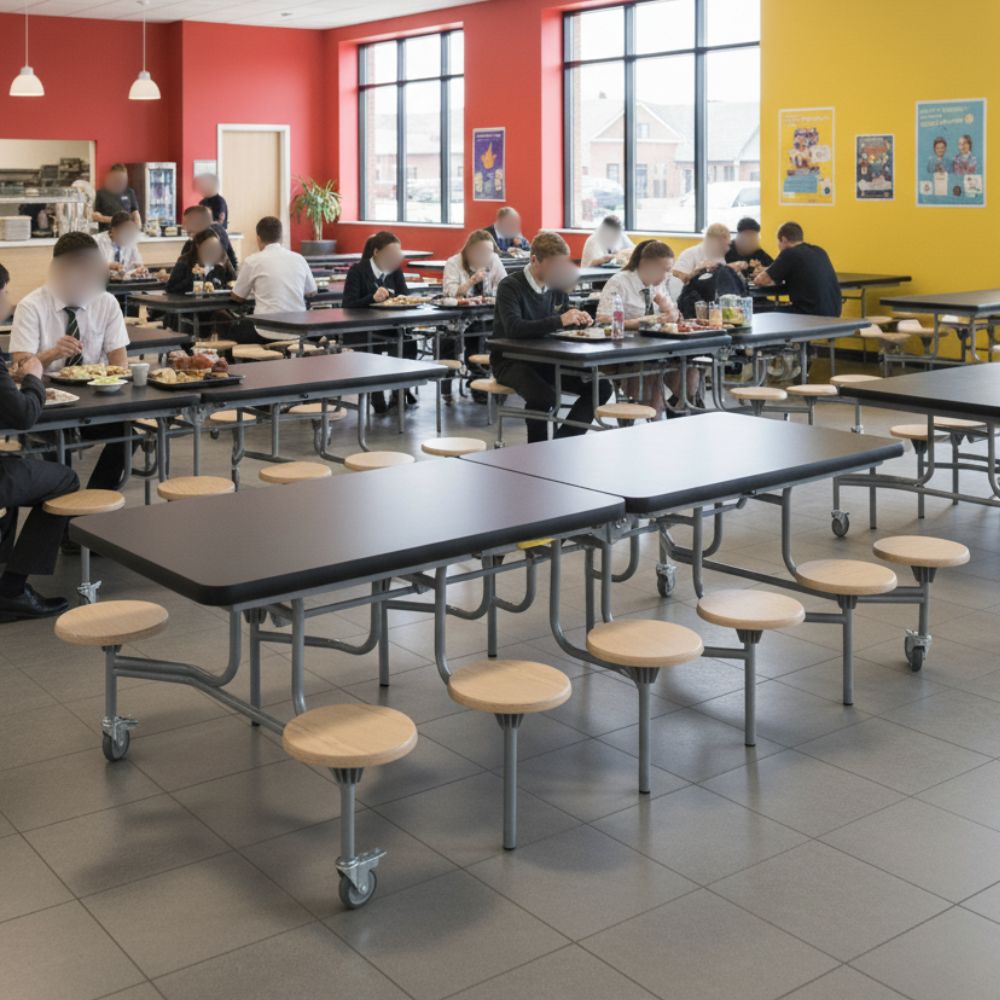 Black mobile lunch tables with circular stools in a busy secondary school canteen, featuring red and yellow walls and students eating meals.