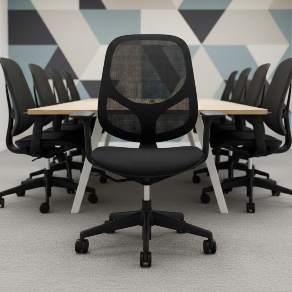 Black mesh ergonomic office chair with padded seat, adjustable armrests and five star swivel base with castors, positioned in a contemporary conference room with geometric feature wall and meeting table.