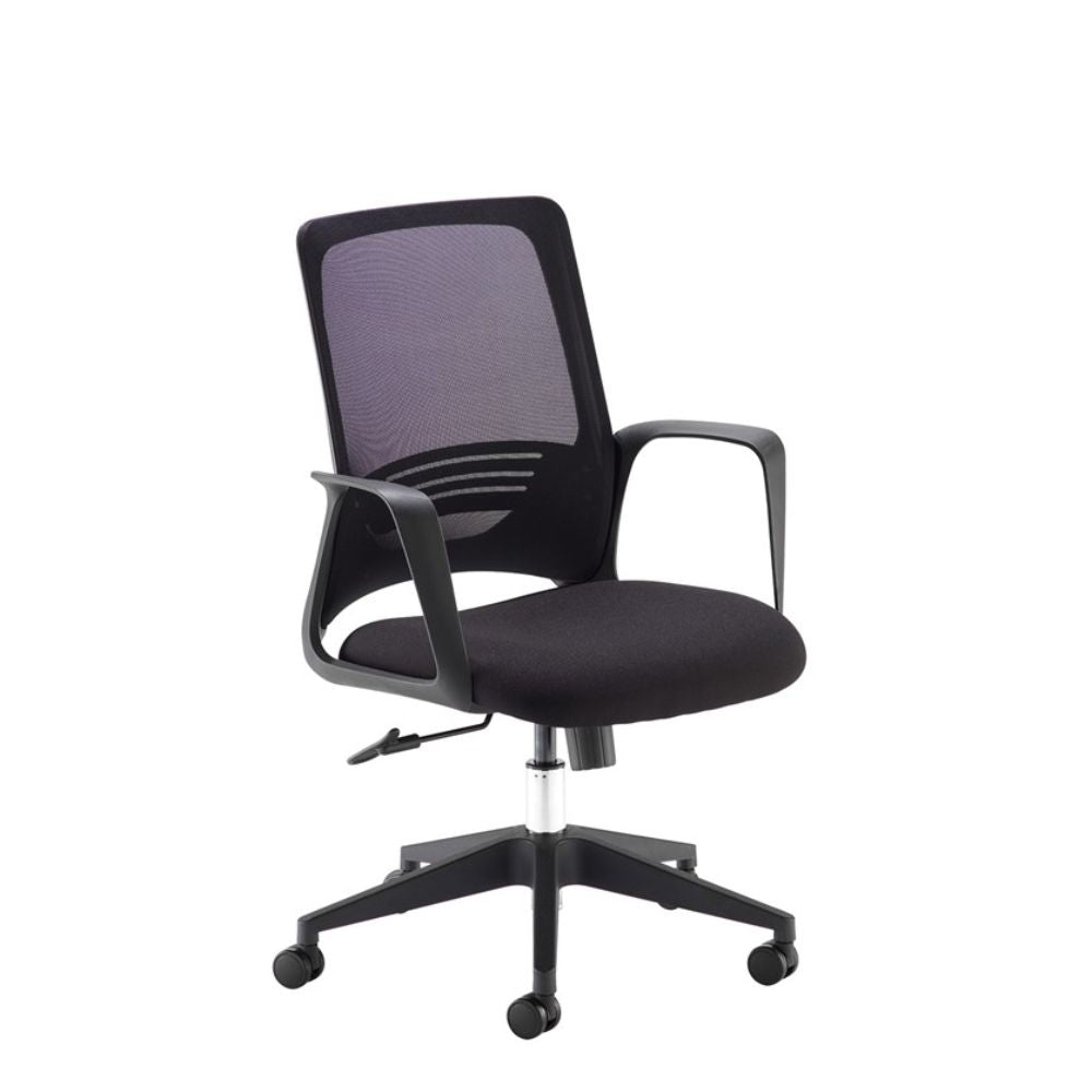 Black office chair featuring a breathable mesh backrest, cushioned fabric seat, fixed armrests and a height-adjustable swivel base with castor wheels on a white background.