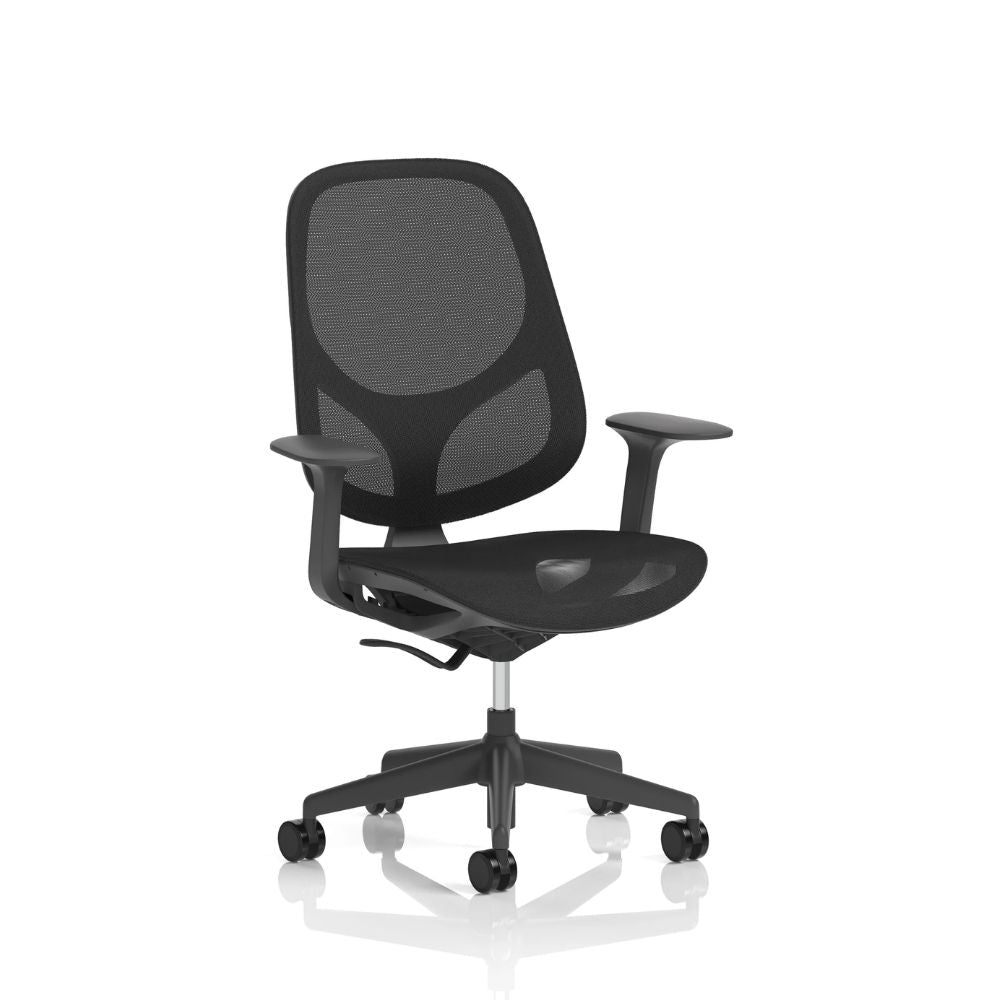 Black mesh ergonomic office chair with breathable backrest, adjustable armrests and five star swivel base with castors, ideal for modern office workstations.