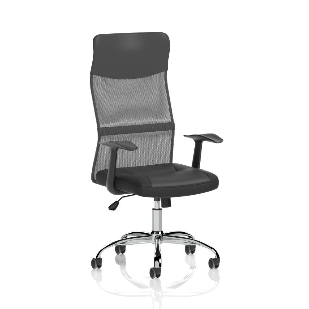 Black office chair with breathable mesh backrest, padded seat, fixed armrests and polished chrome five-star wheeled base isolated on a white background.