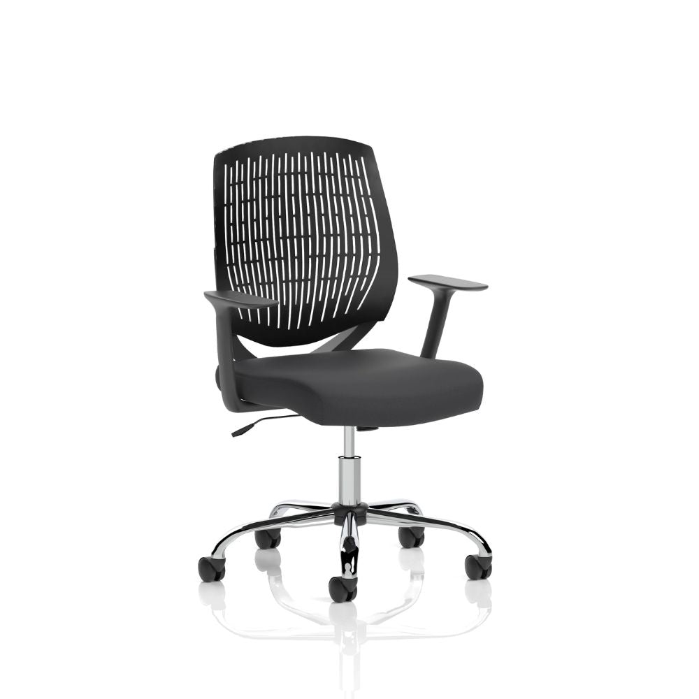 Black modern office chair with ventilated slatted backrest, padded seat, armrests and chrome five-star wheeled base isolated on a white background.