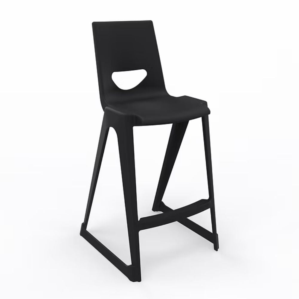 A professional black high back stool featuring a 610mm seat height and a monochrome polymer body with a built-in anti-tilt safety chassis for secure science lab use.