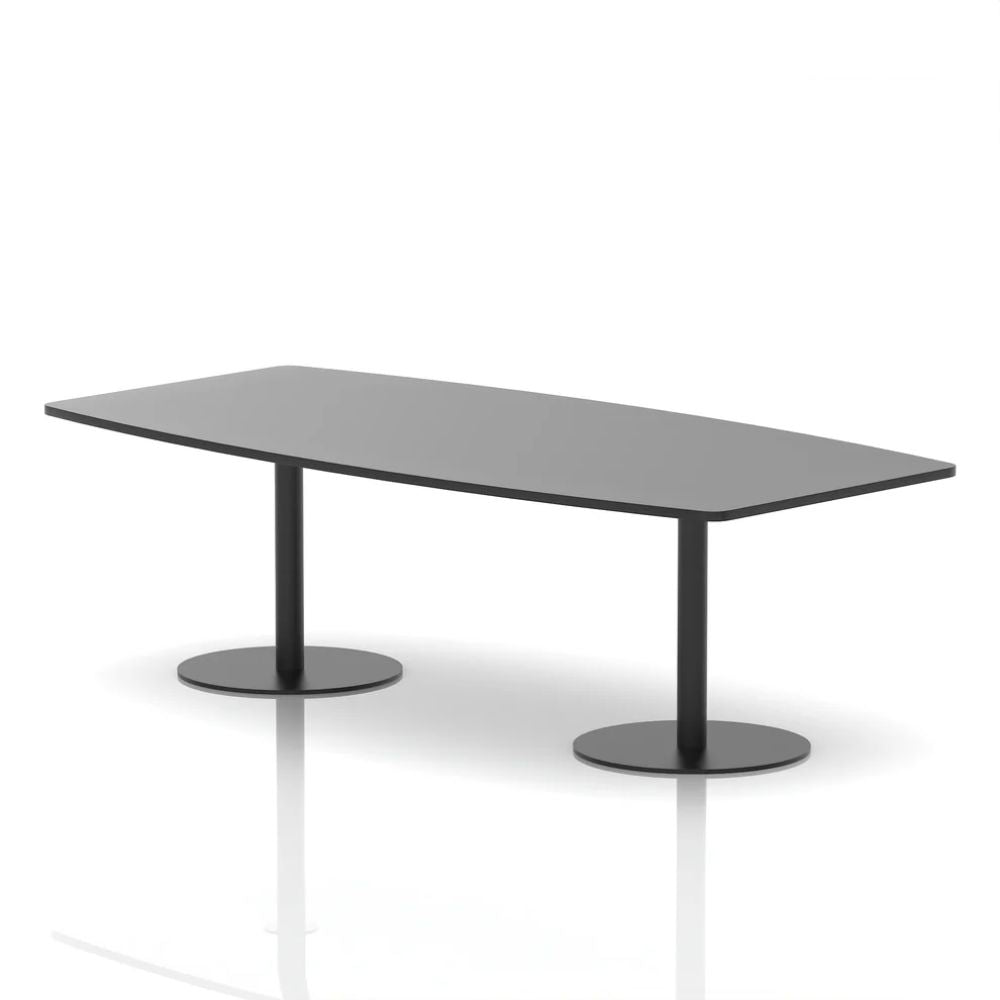 Modern black organic shaped conference table with two round pedestal bases in a minimalist studio environment.