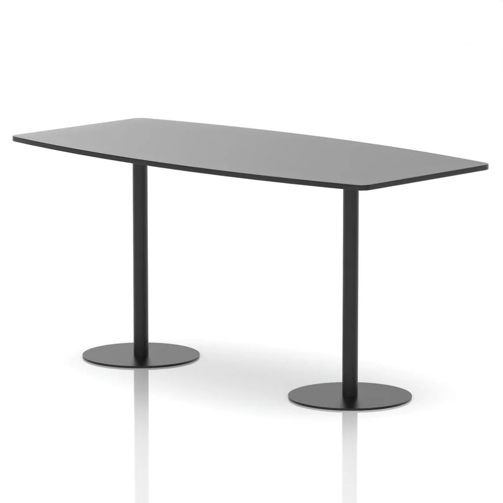 Modern black organic shaped meeting table with two round pedestal bases in a clean minimalist studio setting.