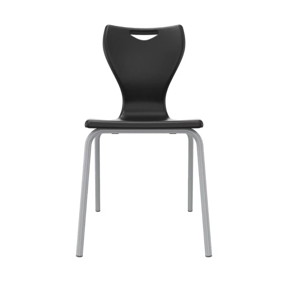 Classic black polypropylene school chair with a durable grey steel frame, featuring an ergonomic seat shell for improved student posture in classrooms.