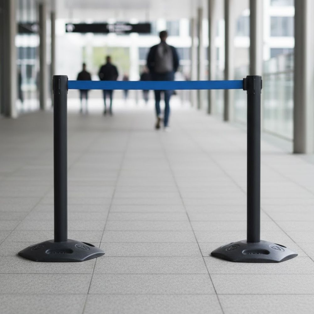 Black retractable belt barrier with a blue belt positioned in an indoor walkway, used to guide pedestrian flow and restrict access in offices, public buildings, transport corridors and commercial spaces.