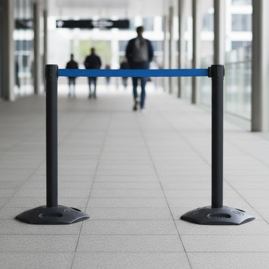 Black Heavy Duty Outdoor Retractable Barrier (3.4m Blue Belt) | Weatherproof Zoning Post
