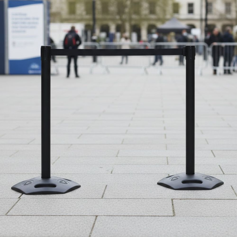 Black retractable crowd control barrier positioned outdoors, commonly used to organise queues and restrict access at public events, exhibitions, temporary venues and civic spaces.
