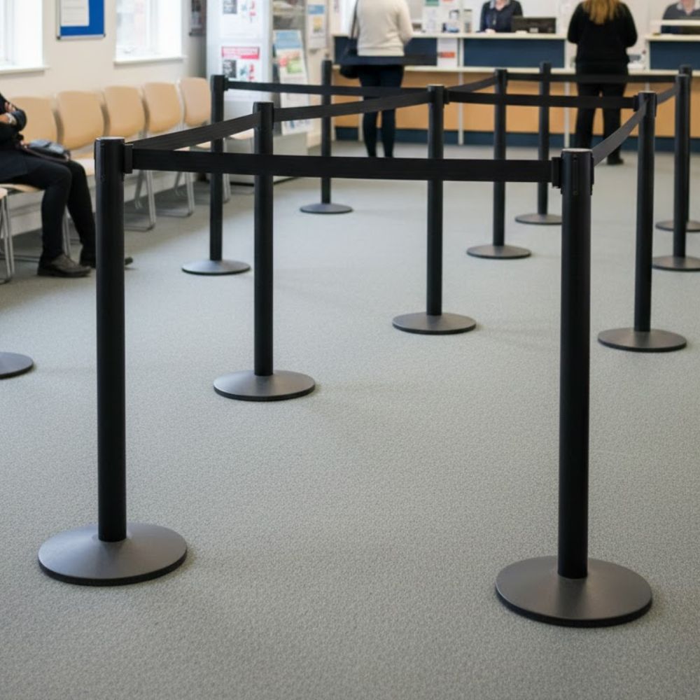 Black retractable queue barrier system arranged in a waiting area, used to organise queues and manage customer flow in clinics, hospitals, council offices, banks and other public service or reception environments.