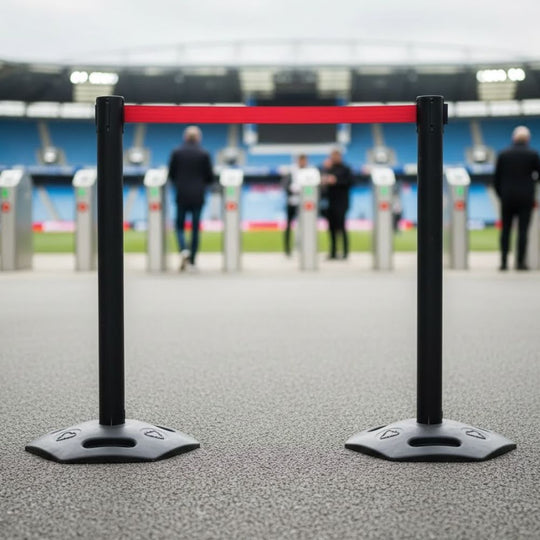 Black Heavy Duty Outdoor Retractable Barrier (3.4m Red Belt) | Hazard Safety Post