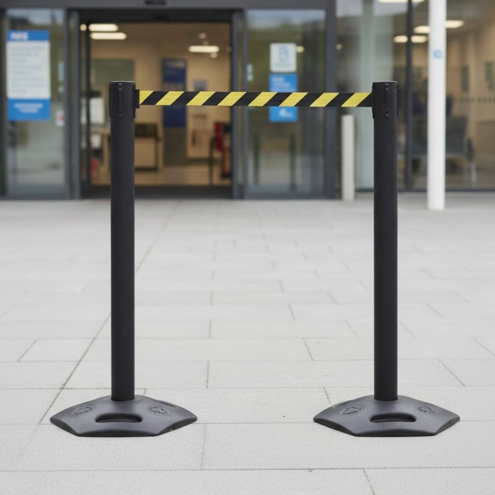 Black retractable safety barrier with yellow and black hazard belt installed outside a public building, designed to block access and highlight restricted or temporarily closed areas at entrances and exits.