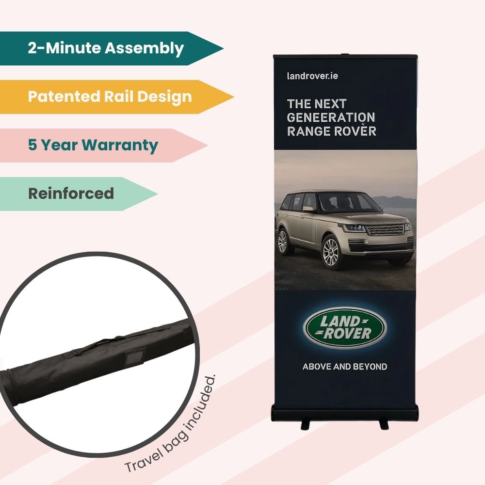 Land Rover promo banner with reinforced stand, fast setup, and travel bag — built for mobile exhibitions.