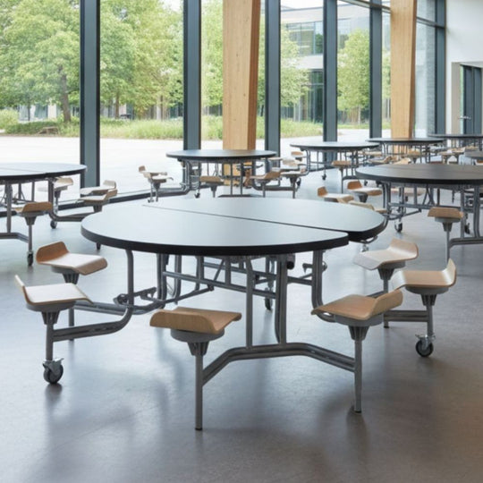 8 Seat Circular Foldable Black Canteen Table with Lipped Oak Seats - 11+ Years