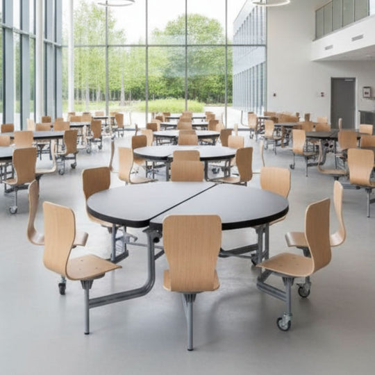 8 Seat Circular Foldable Black Canteen Table with Full Back Oak Seats - 11+ Years