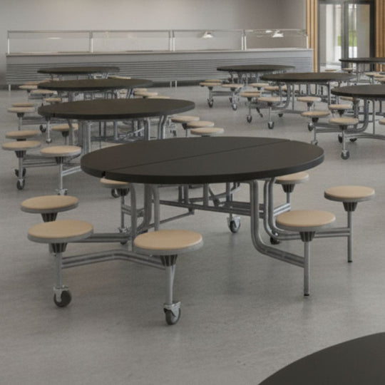 8 Seat Circular Foldable Black Canteen Table with Oak Stools - 11+ Years