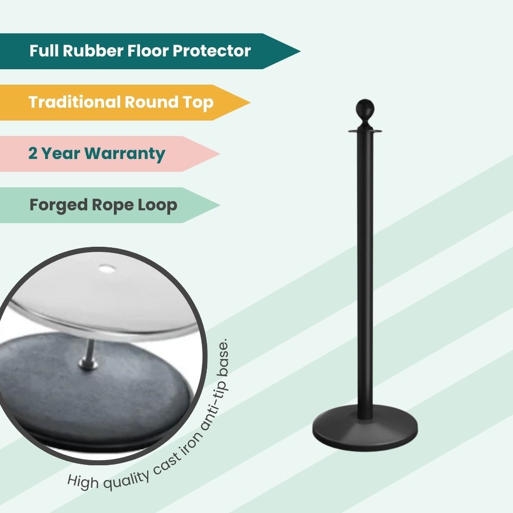 Black stanchion with cast iron base and rubber protector, built for secure crowd control with rope loop.