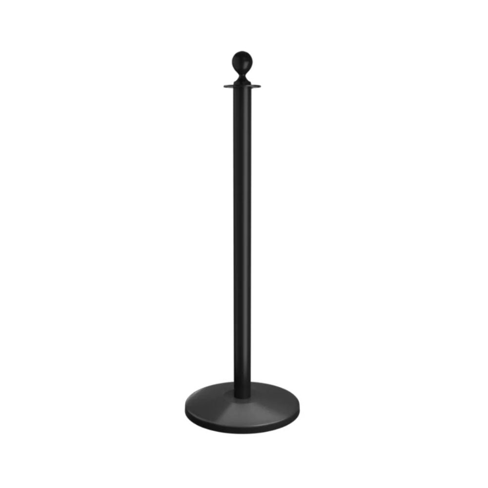 Black stanchion post with spherical top and stable base, designed for guiding foot traffic in busy areas.