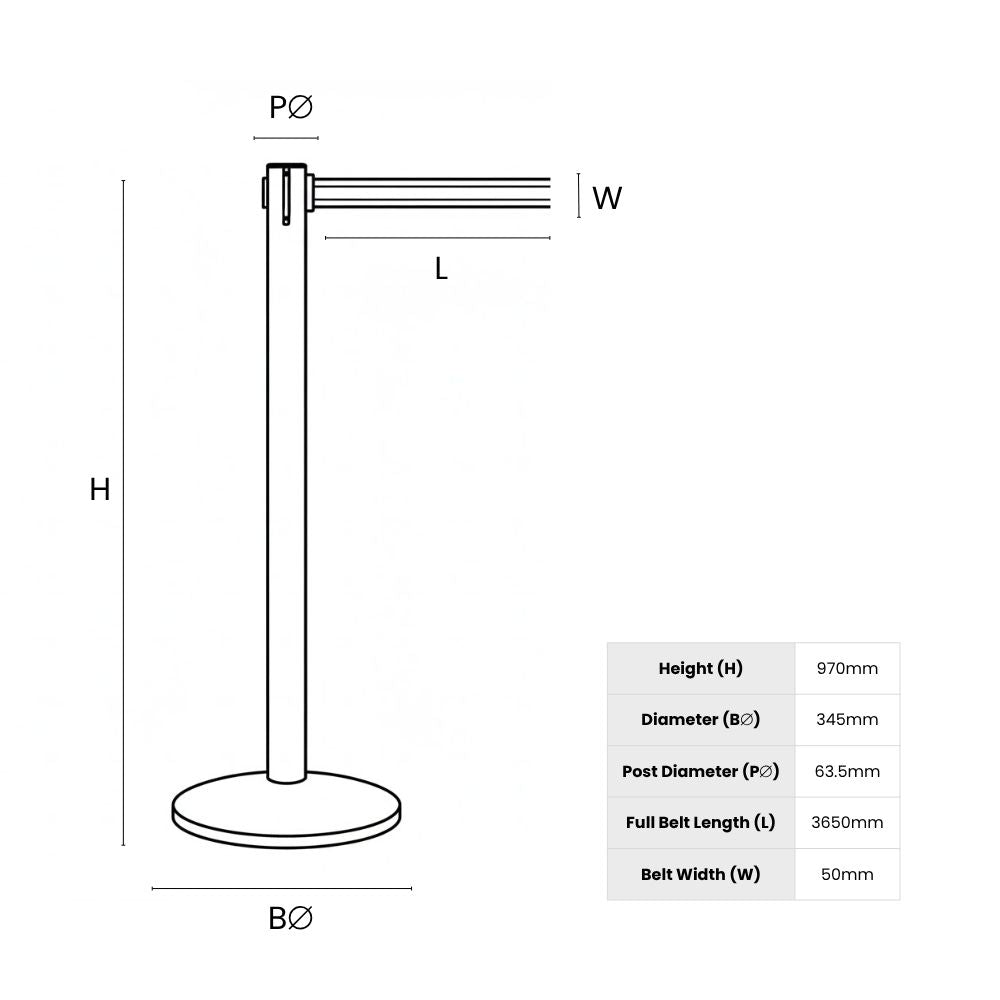Technical diagram of black single-belt stanchion with labeled height, base diameter, post diameter, and belt specs for layout planning.