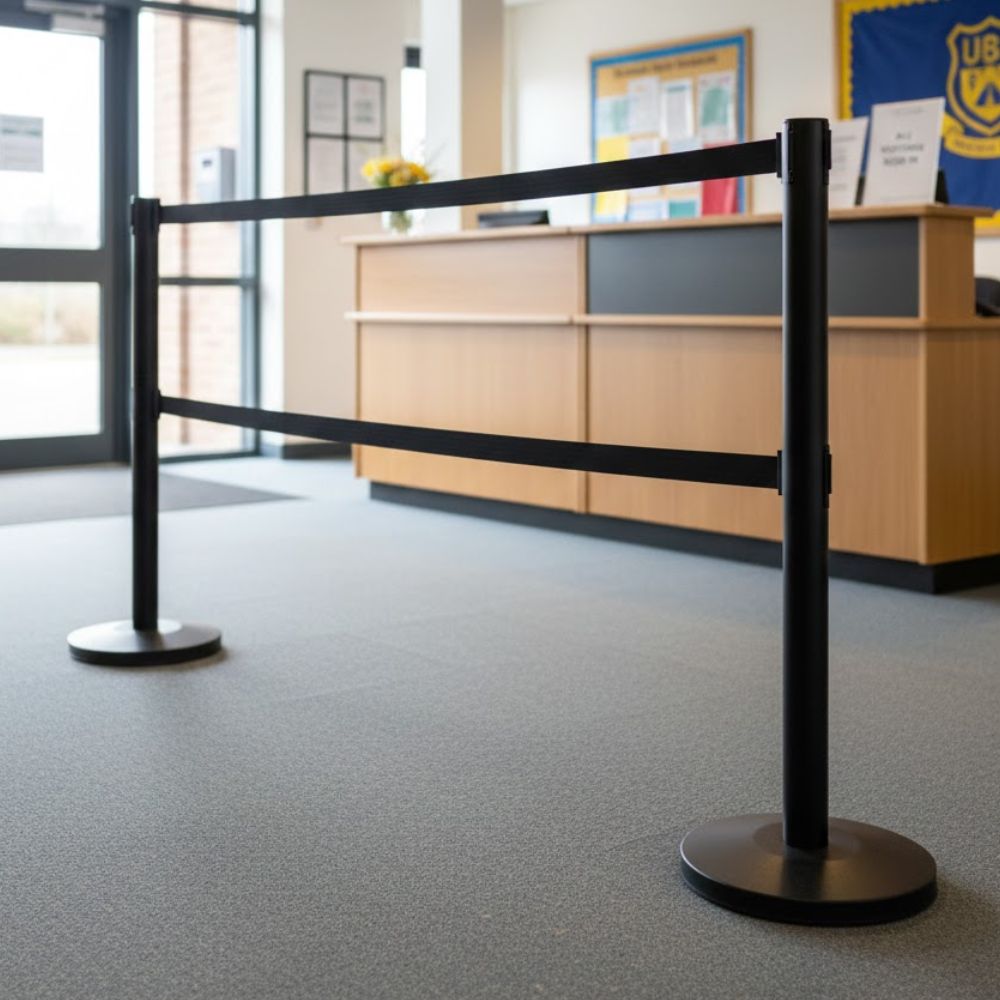 Black steel retractable barrier post with 3.4m twin black belts for high security queue control in a reception area with a front desk in the background.