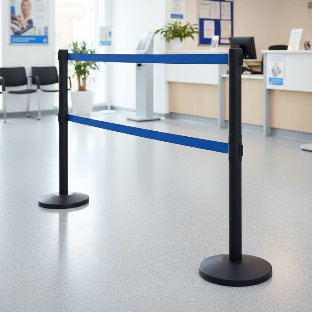 Black steel retractable barrier post with twin 3.4m blue belts for high security queue management in a modern reception or waiting area.