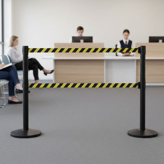 Cobolt Black Steel Retractable Barrier Twin 3.4m Chevron Belt | Hazard Queue Post