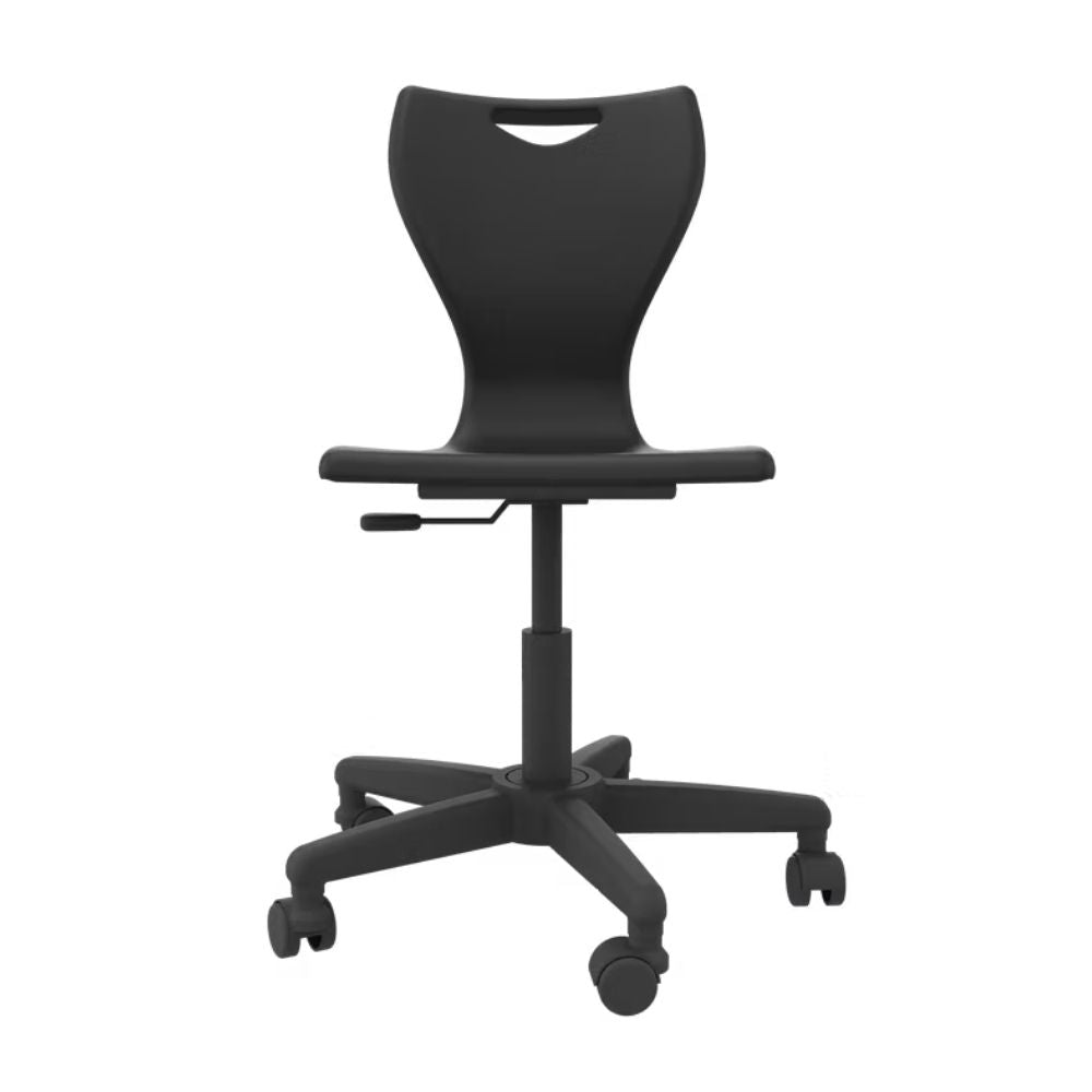 A professional black student swivel chair featuring a five-star base with dual-wheel castors for fluid rotation and high mobility in a modern computer lab.