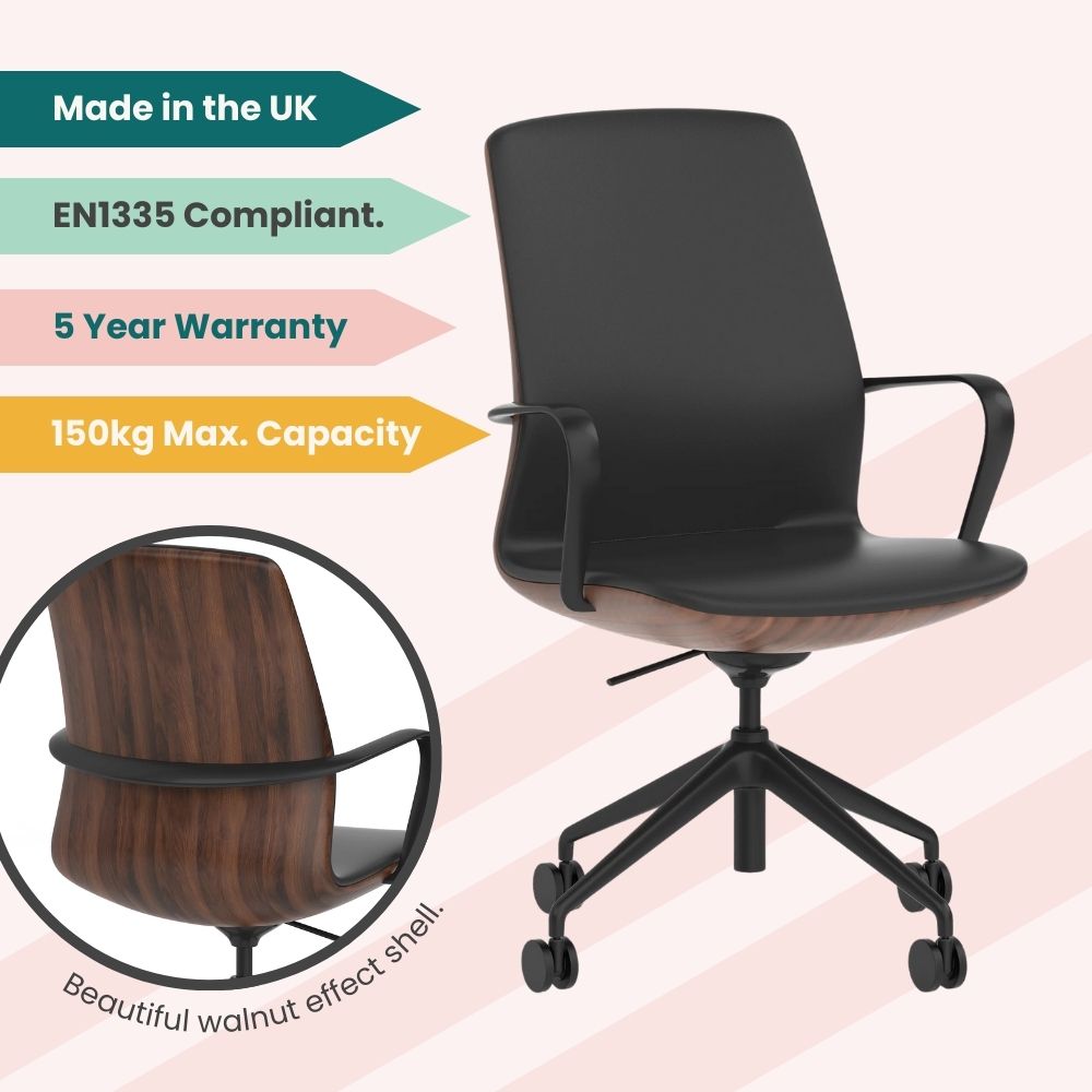 Black mid-back task chair featuring a curved walnut effect shell, matte black arms and base, highlighted with UK origin, EN1335 compliance, 150kg weight capacity, and a 5-year warranty.