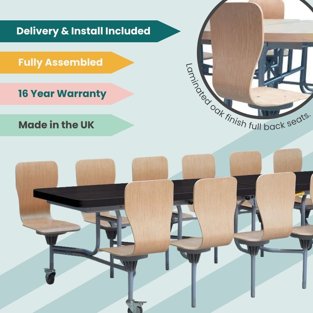 Black laminate canteen table with oak finish full back seats, fully assembled, UK made, 16-year warranty included.