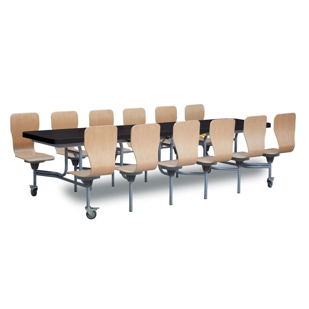 Black top canteen table with 12 oak finish full back seats, laminated and durable, UK made with 16-year warranty.
