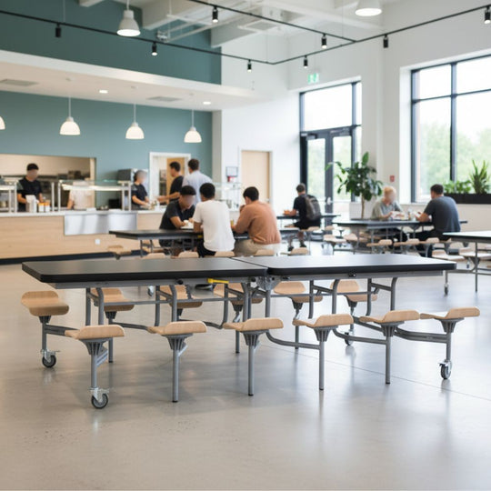 12 Seat Rectangular Foldable Black Canteen Table with Lipped Oak Seats - 11+ Years