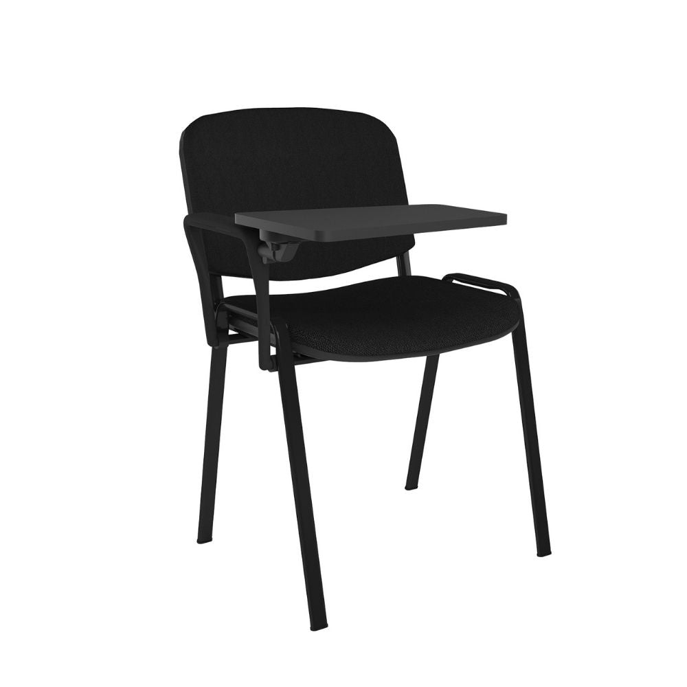 Black upholstered training chair featuring a fixed writing tablet, supportive armrests and slim steel legs designed for classrooms, seminars and exam seating