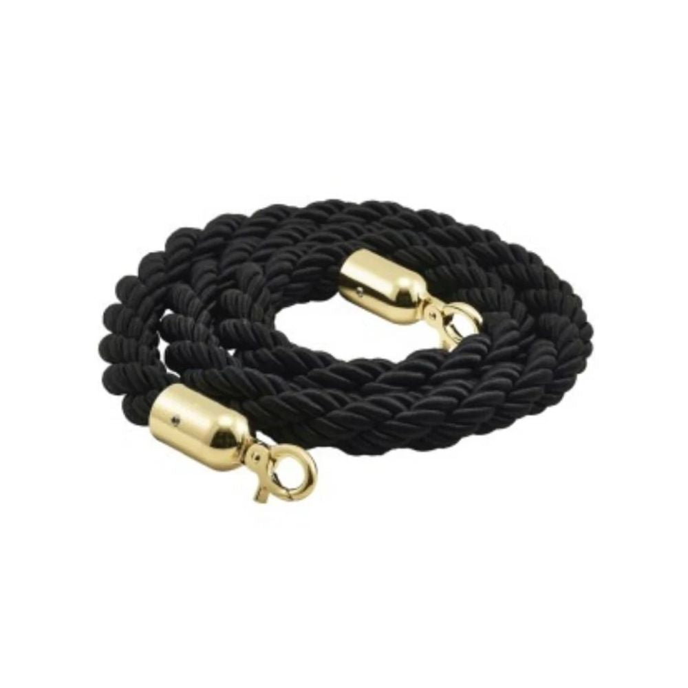 Black twisted rope with gold hooks, crafted for elegant crowd guidance in public venues.