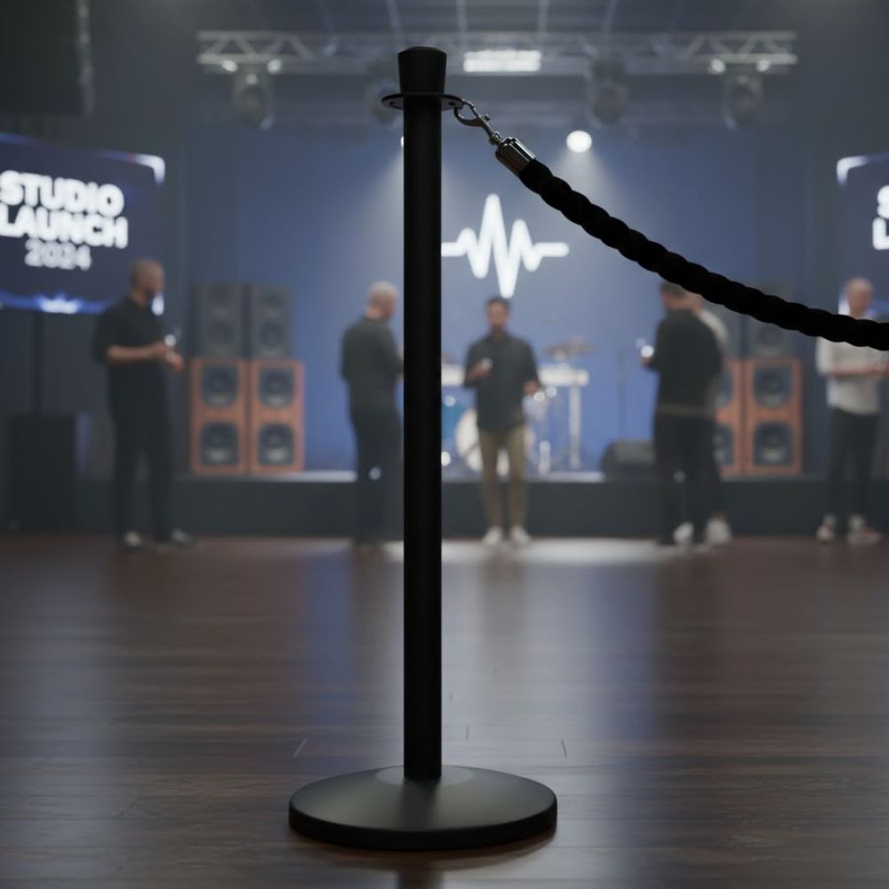 Black-velvet-rope-attached-to-black-stanchion-post-in-front-of-stage-with-speakers-and-crew-at-live-music-event