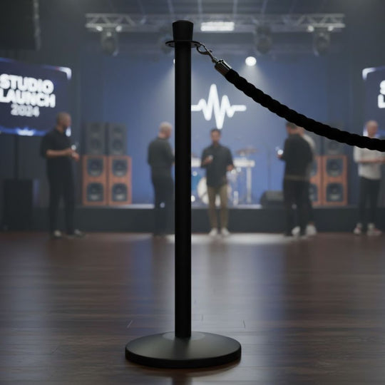 Crown Top Black Rope Barrier Stanchion | Traditional Queue Post