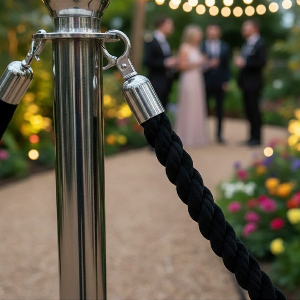Black-velvet-rope-attached-to-chrome-stanchion-post-with-guests-talking-in-garden-setting-with-fairy-lights