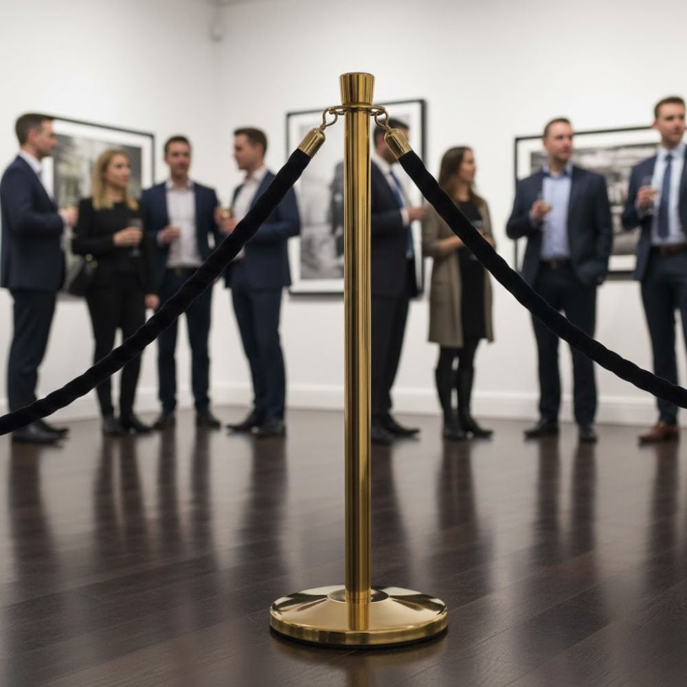Black-velvet-rope-connected-to-polished-gold-stanchion-post-in-art-gallery-with-guests-viewing-framed-photographs