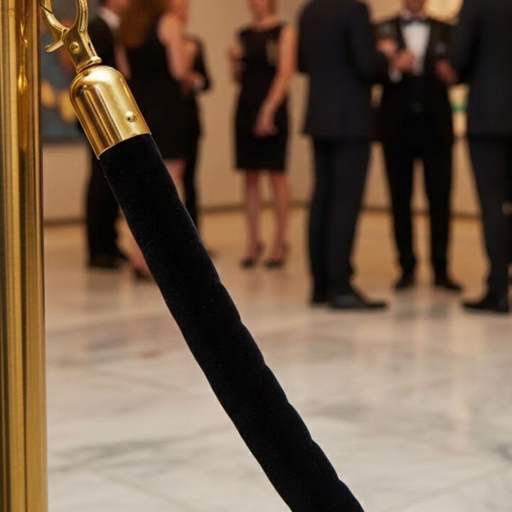Black-velvet-rope-attached-to-polished-gold-stanchion-post-with-guests-in-evening-wear-talking-in-background