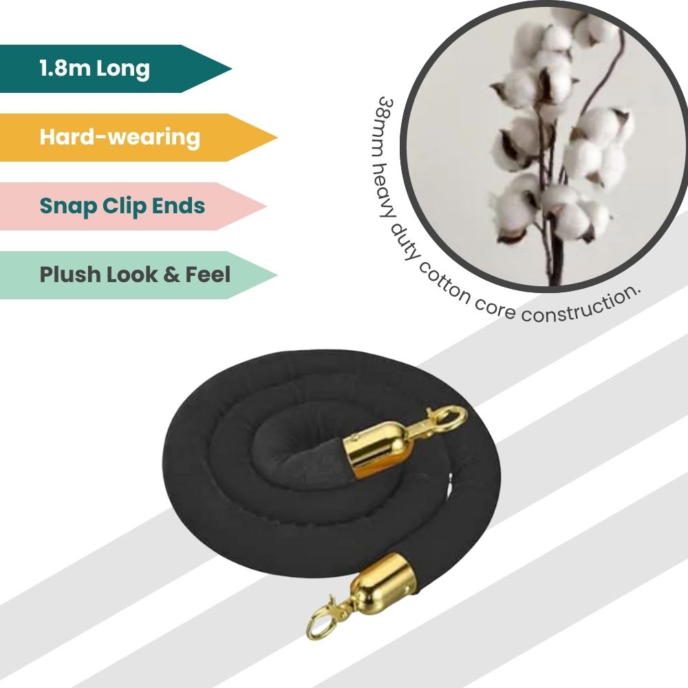 Black velvet rope with gold snap clips and cotton core, designed for upscale crowd control.