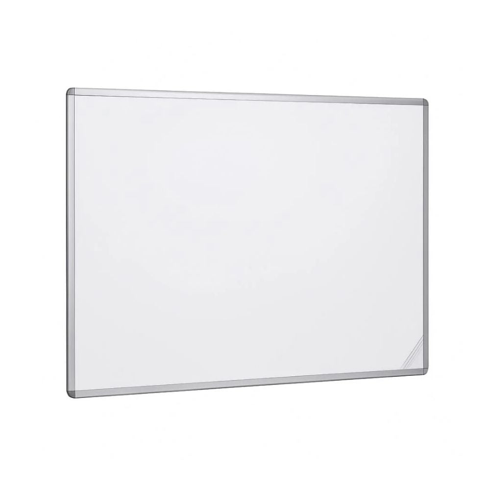 Blank whiteboard with metal frame shown at an angle, ideal for teaching or planning environments.