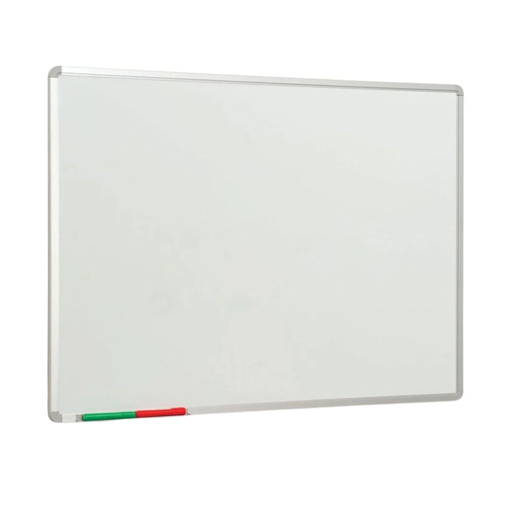 Wall-mounted whiteboard with silver frame and marker tray, ideal for teaching or professional presentations.
