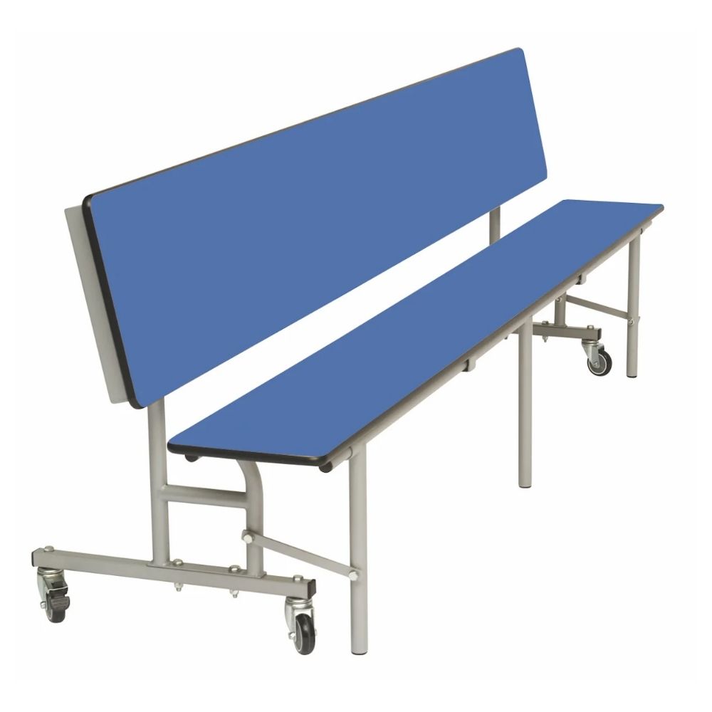Blue 3-in-1 canteen bench unit on castors, strong laminated seating and dining solution for schools.