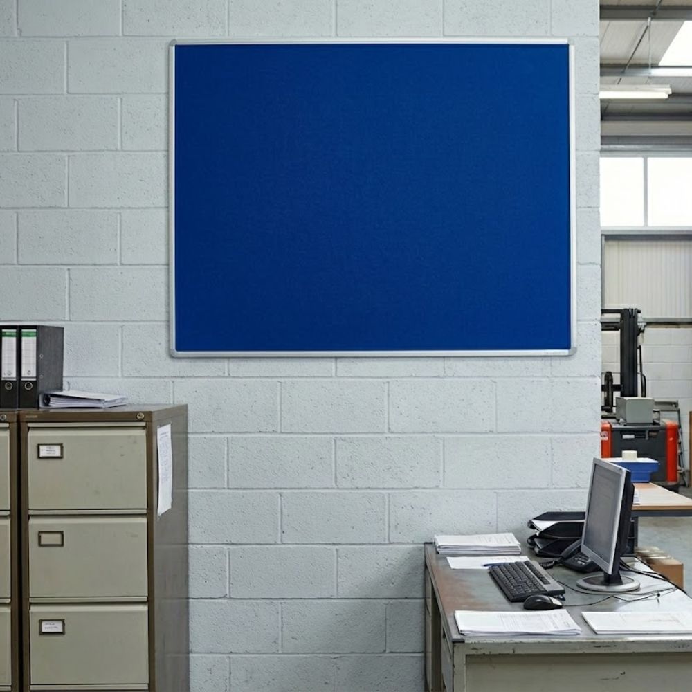 Blue aluminium framed noticeboard 1500 x 1200mm mounted on a white brick wall in a workshop office setting with filing cabinets and a computer desk nearby.